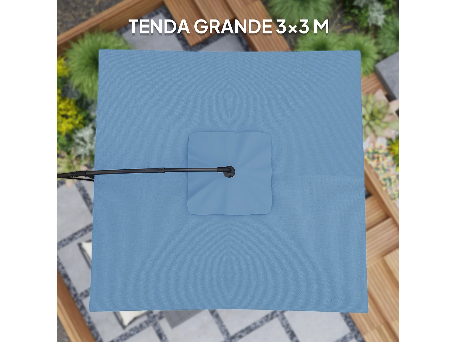 Ombrellone decentrato regolabile a 360 gradi in metallo blu chiaro