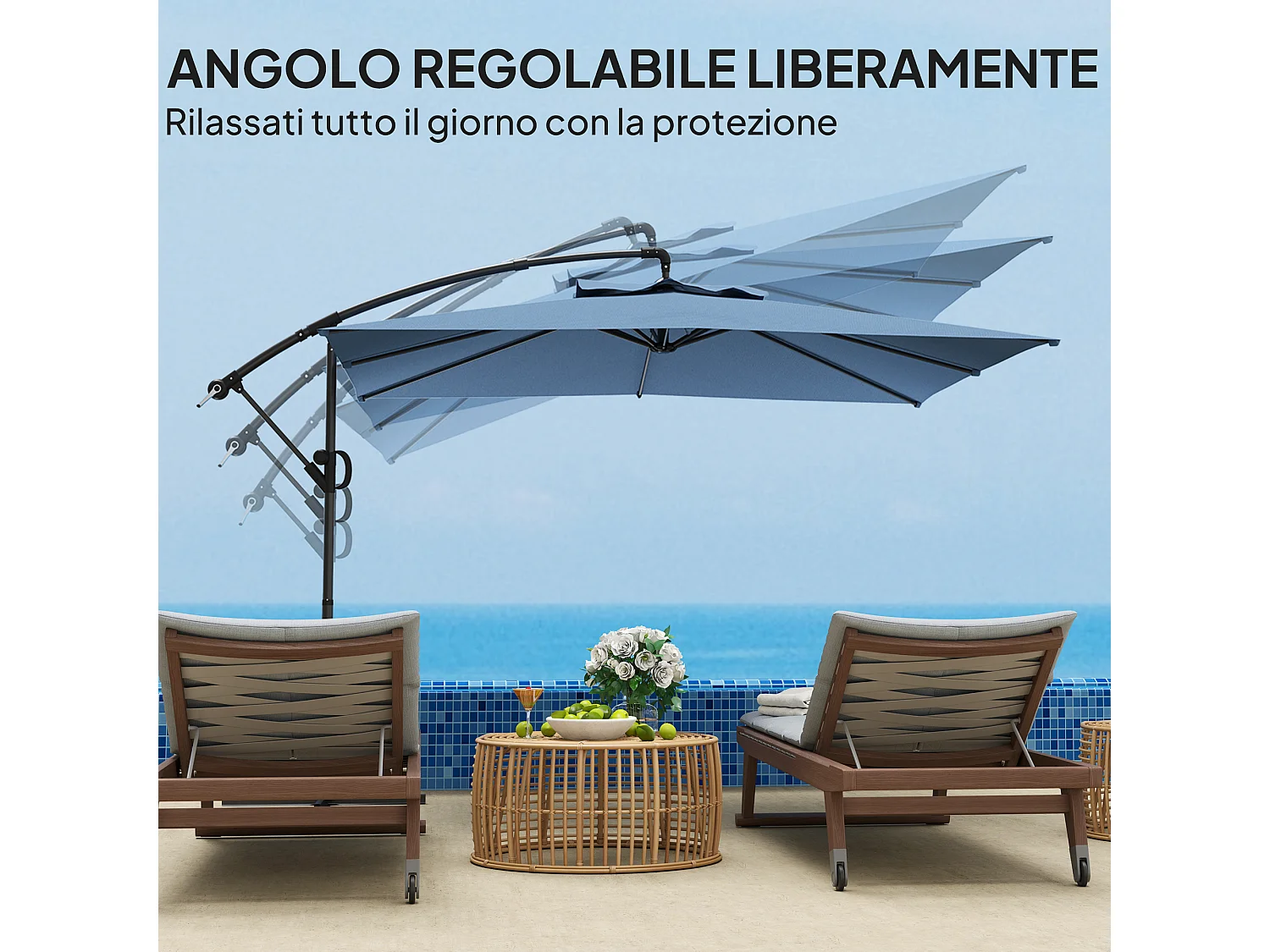 Ombrellone decentrato regolabile a 360 gradi in metallo blu chiaro