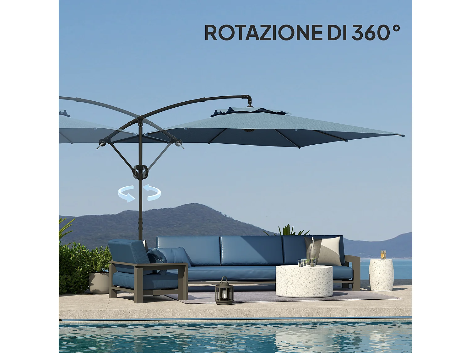 Ombrellone decentrato regolabile a 360 gradi in metallo blu chiaro