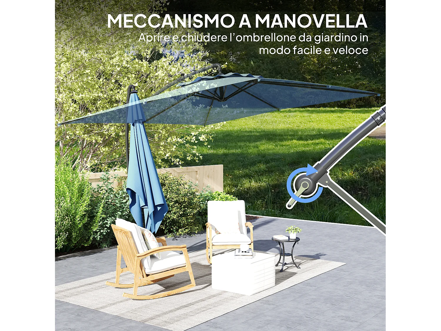 Ombrellone decentrato regolabile a 360 gradi in metallo blu chiaro