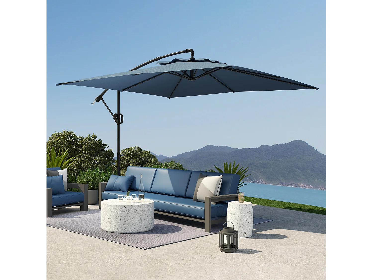 Ombrellone decentrato regolabile a 360 gradi in metallo blu chiaro