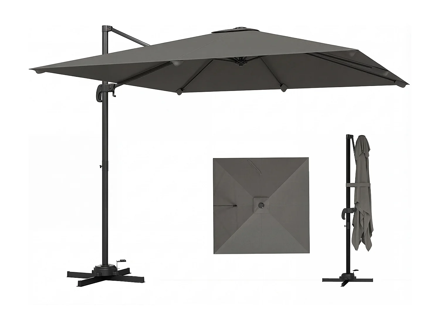 Ombrellone a sbalzo inclinabile 3x3 m con base a croce grigio scuro