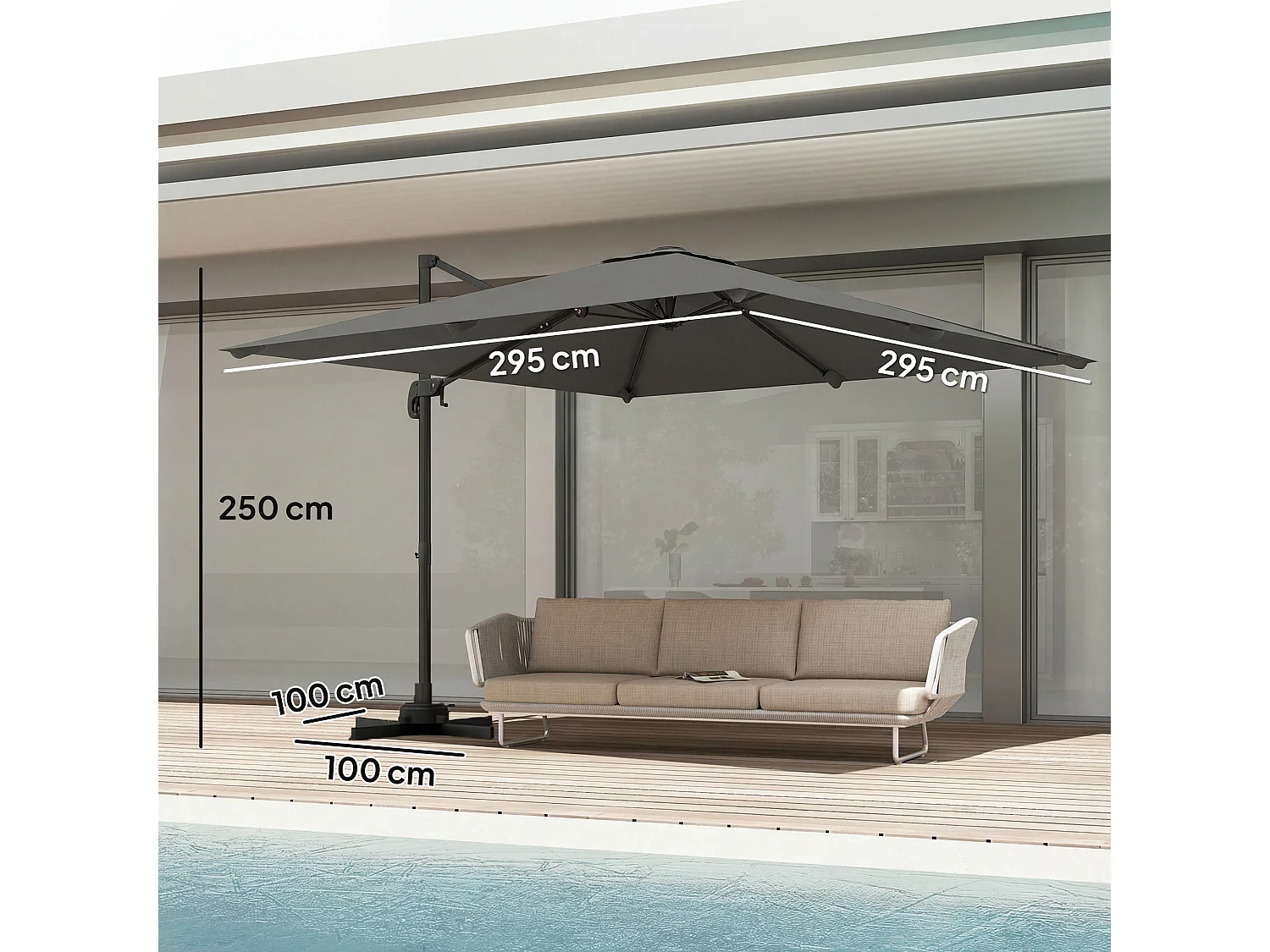 Ombrellone a sbalzo inclinabile 3x3 m con base a croce grigio scuro