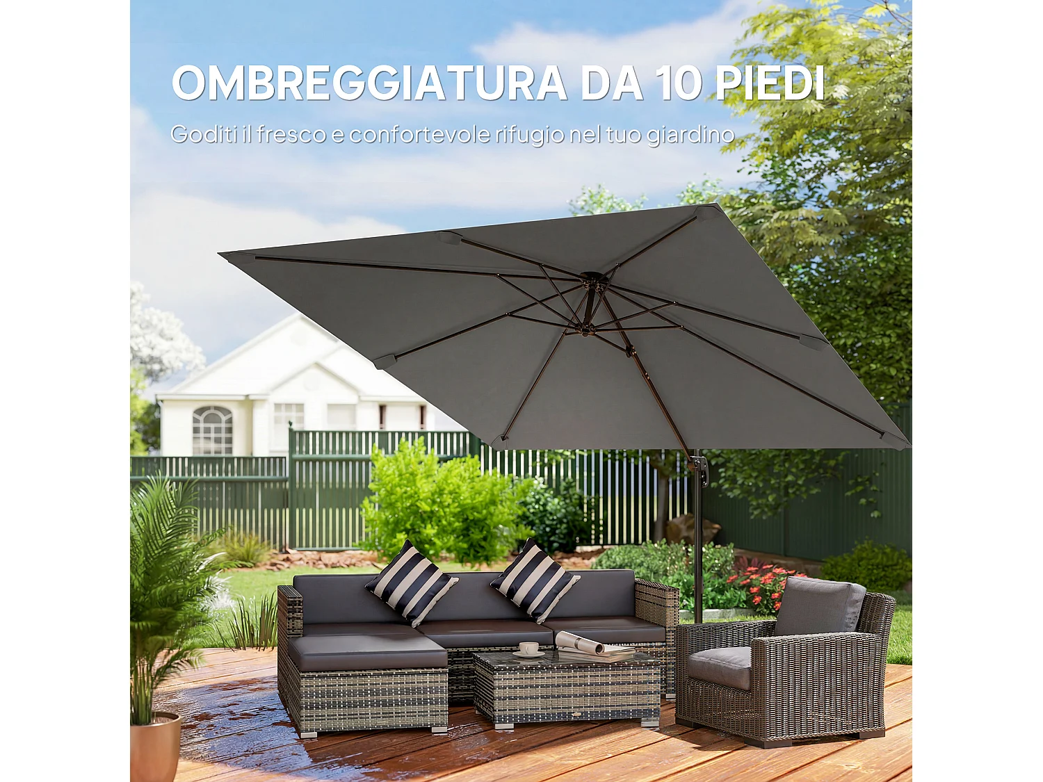 Ombrellone a sbalzo inclinabile 3x3 m con base a croce grigio scuro