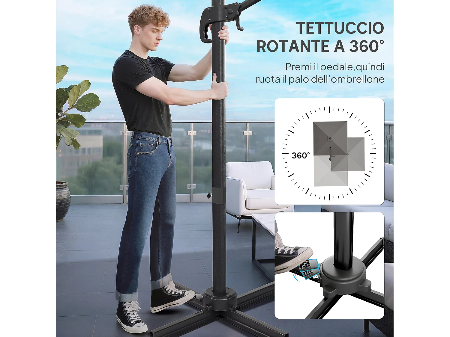 Ombrellone a sbalzo inclinabile 3x3 m con base a croce grigio scuro