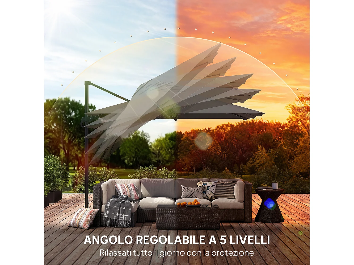 Ombrellone a sbalzo inclinabile 3x3 m con base a croce grigio scuro