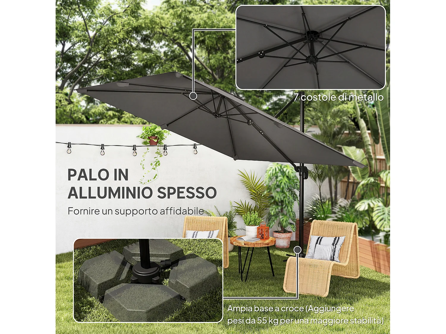 Ombrellone a sbalzo inclinabile 3x3 m con base a croce grigio scuro
