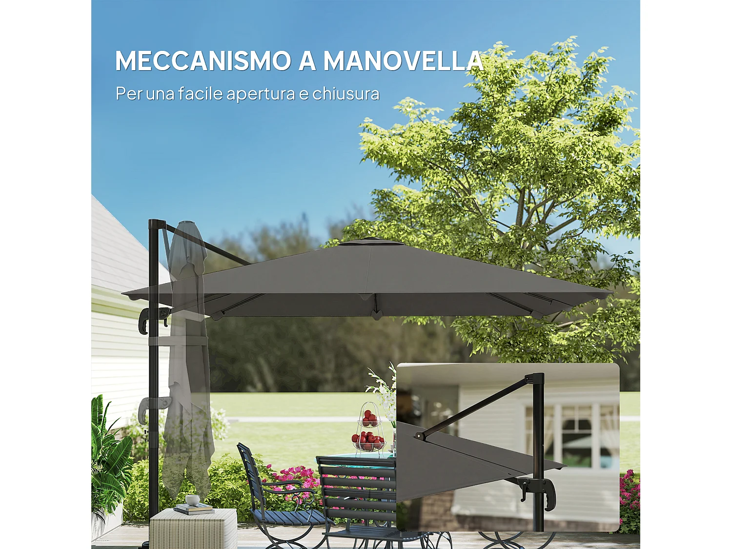 Ombrellone a sbalzo inclinabile 3x3 m con base a croce grigio scuro