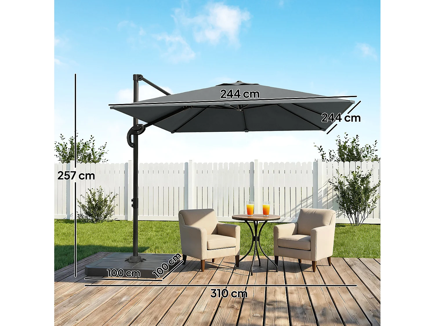 Ombrellone da giardino decentrato inclinabile in alluminio grigio