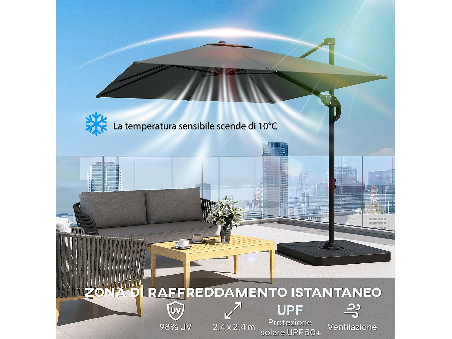 Ombrellone da giardino decentrato inclinabile in alluminio grigio