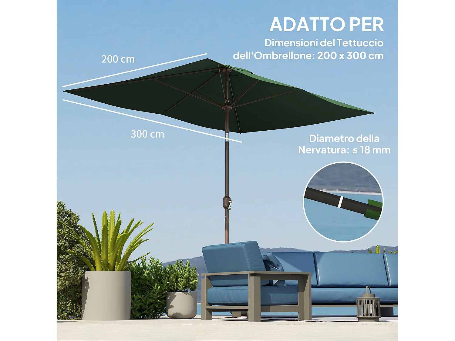 Telo di ricambio per ombrellone 3x2 m e 6 stecche verde