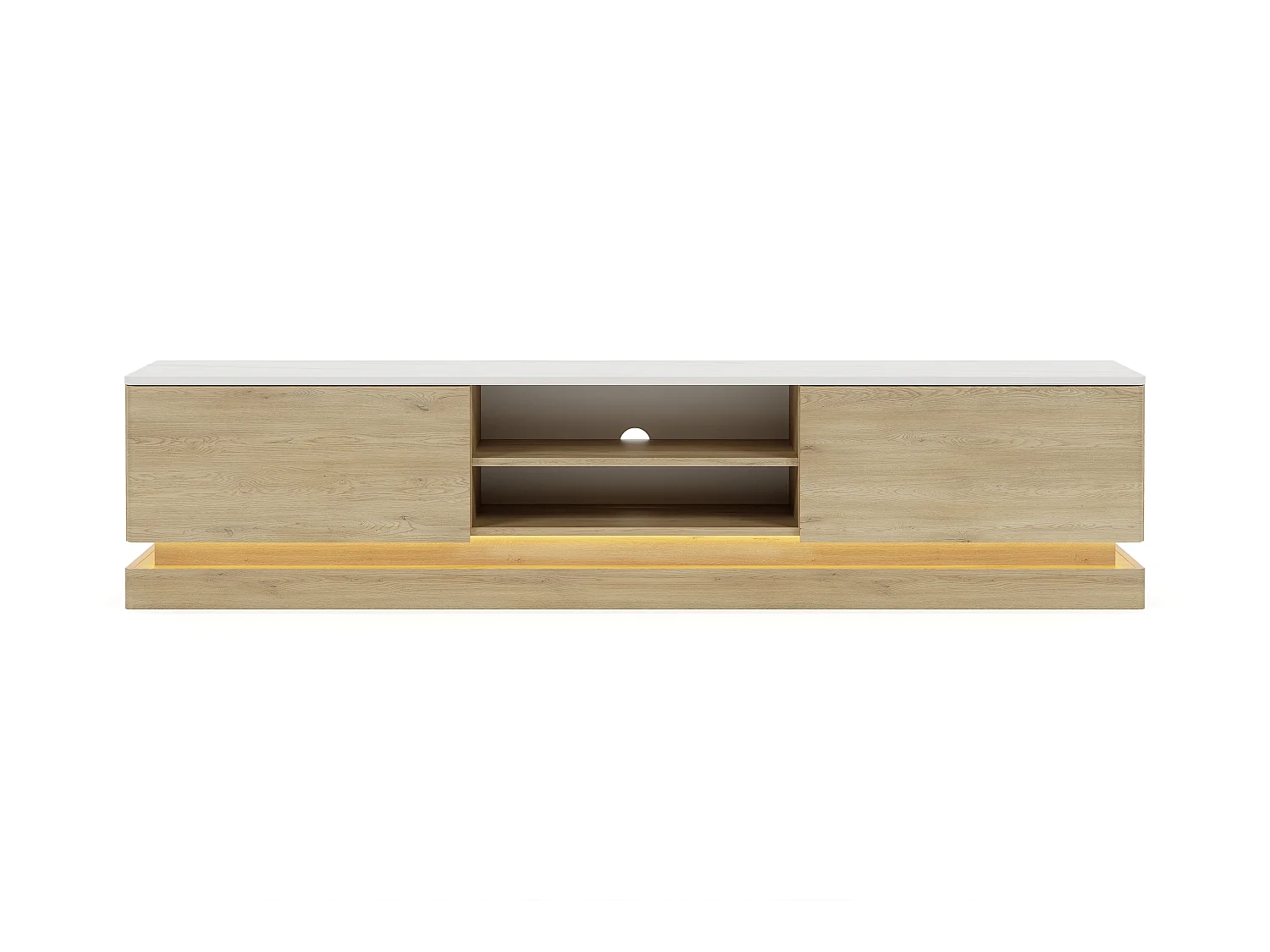 Meuble TV 2 tiroirs et 2 niches avec LEDs en MDF - Naturel clair et effet marbre blanc - DEVIKA