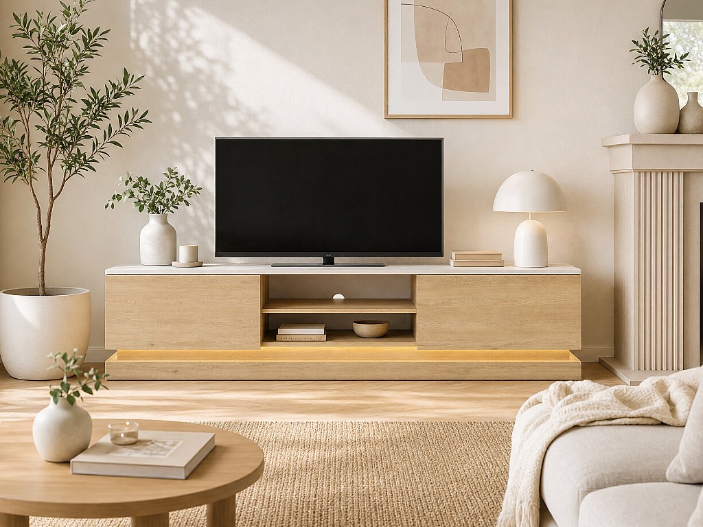 TV-Möbel mit 2 Schubladen und 2 Nischen mit LEDs aus MDF – Hellnatur und weißer Marmoroptik – DEVIKA