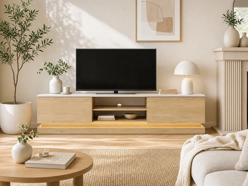 Meuble TV 2 tiroirs et 2 niches avec LEDs en MDF - Naturel clair et effet marbre blanc - DEVIKA