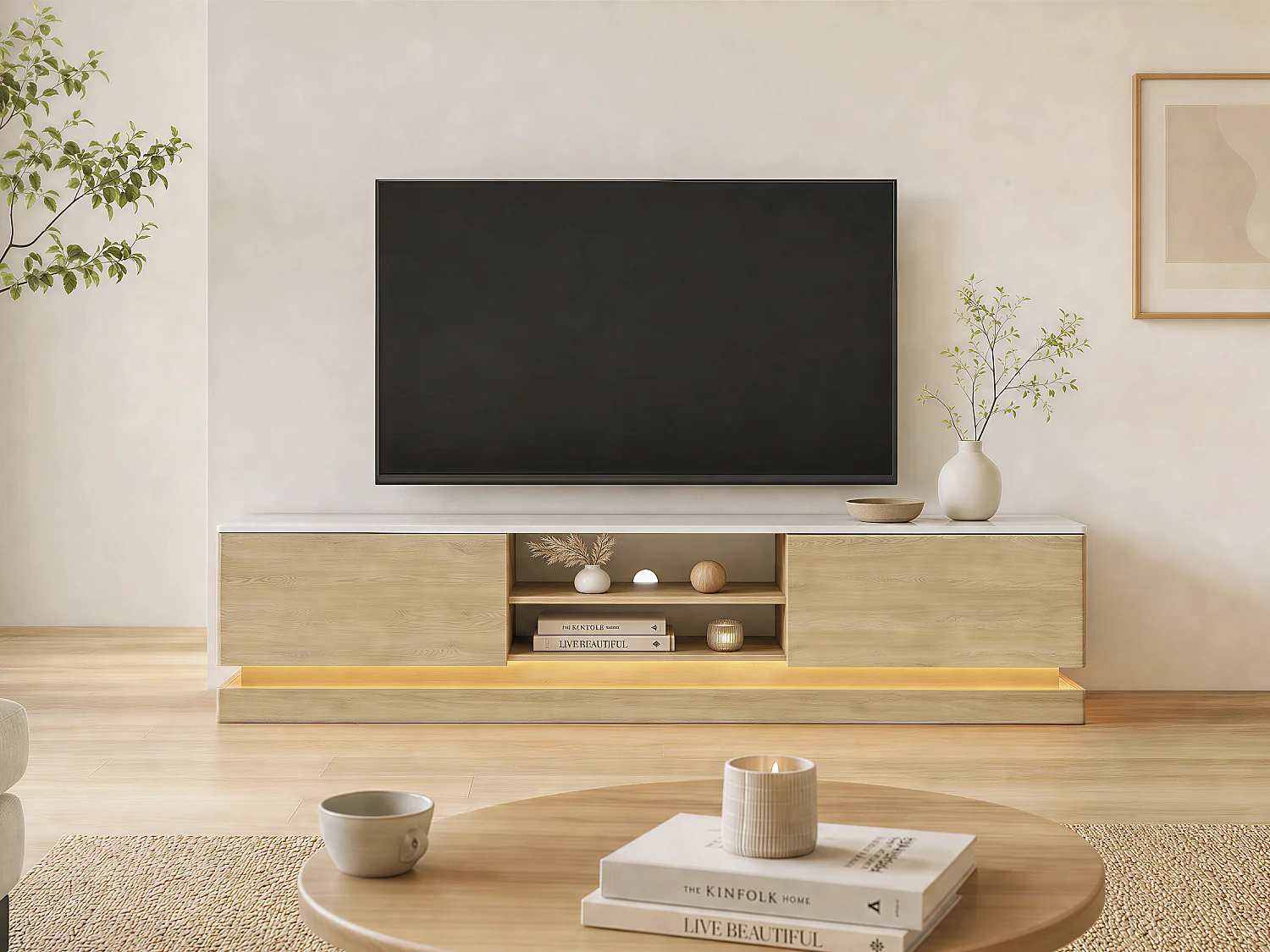 Meuble TV 2 tiroirs et 2 niches avec LEDs en MDF - Naturel clair et effet marbre blanc - DEVIKA