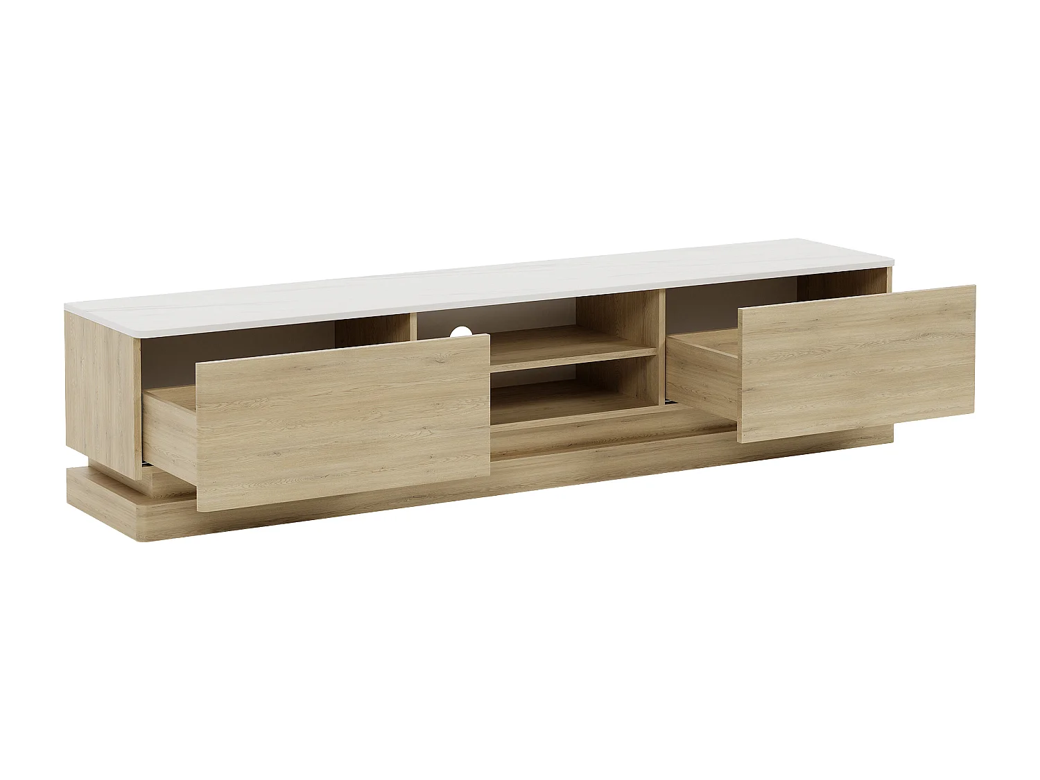 Meuble TV 2 tiroirs et 2 niches avec LEDs en MDF - Naturel clair et effet marbre blanc - DEVIKA