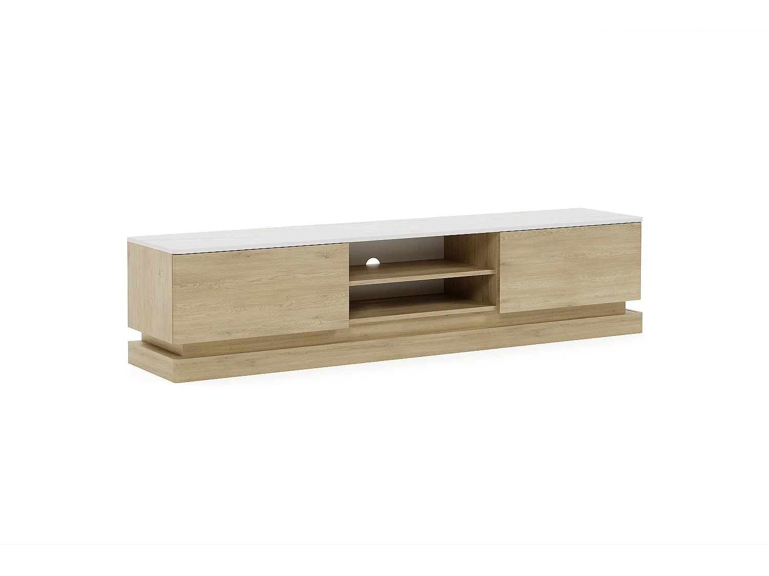 Meuble TV 2 tiroirs et 2 niches avec LEDs en MDF - Naturel clair et effet marbre blanc - DEVIKA