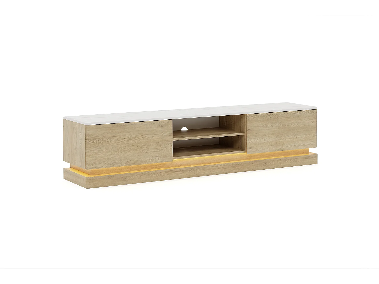 Meuble TV 2 tiroirs et 2 niches avec LEDs en MDF - Naturel clair et effet marbre blanc - DEVIKA