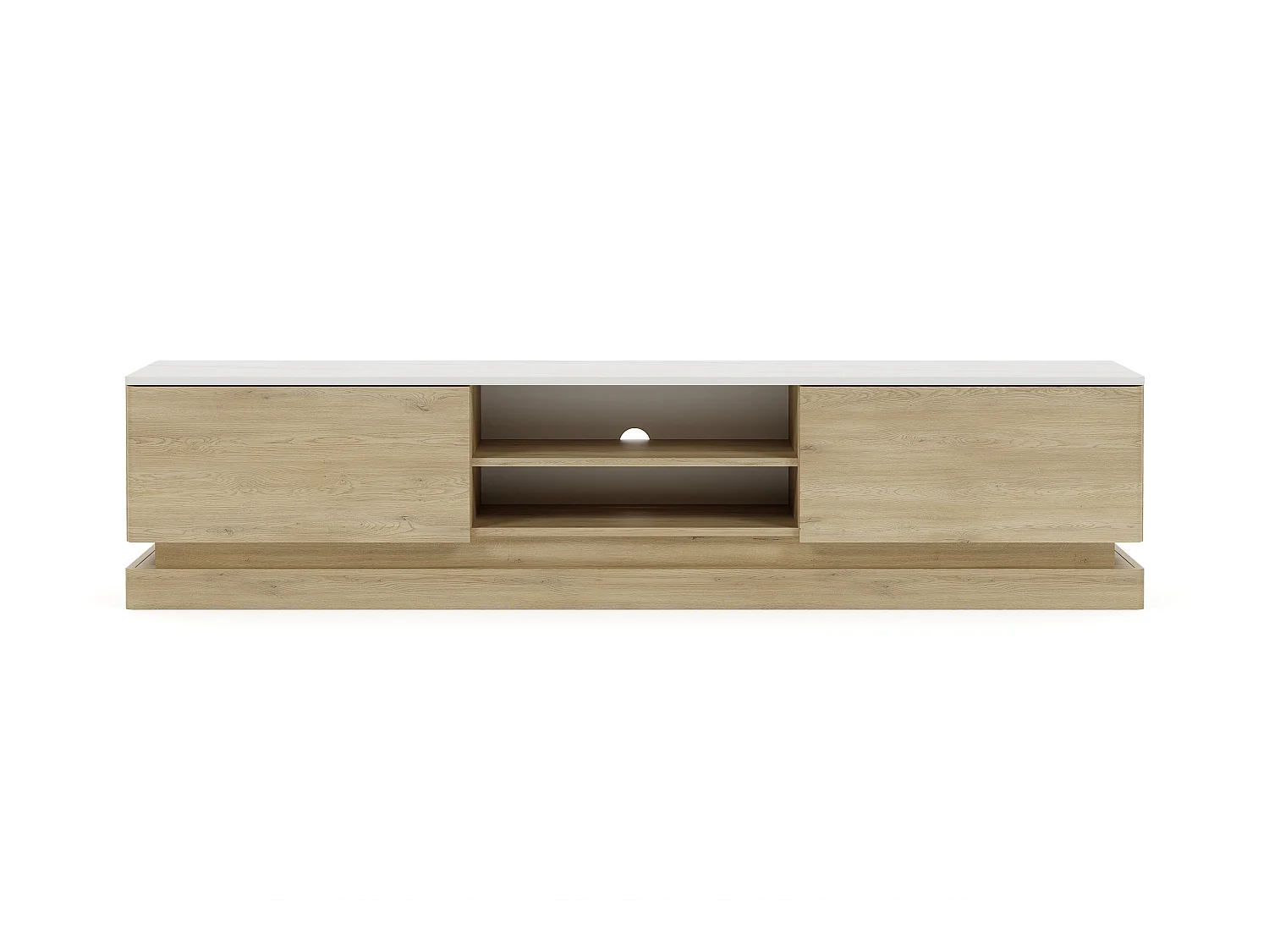 Meuble TV 2 tiroirs et 2 niches avec LEDs en MDF - Naturel clair et effet marbre blanc - DEVIKA