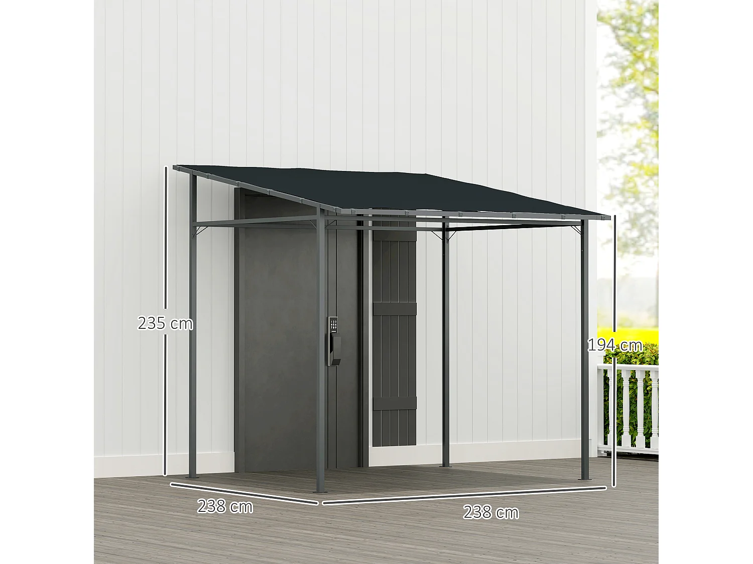 Pergola addossata con chiusure a strappo in metallo poliestere grigia