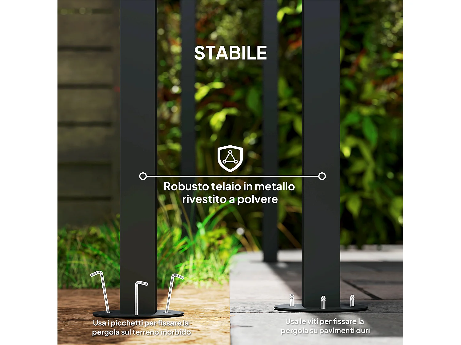 Pergola addossata con chiusure a strappo in metallo poliestere grigia