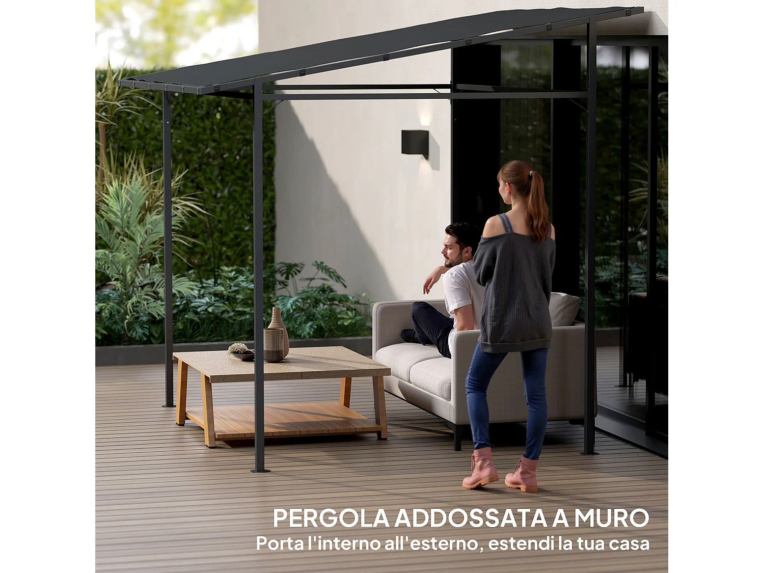 Pergola addossata con chiusure a strappo in metallo poliestere grigia
