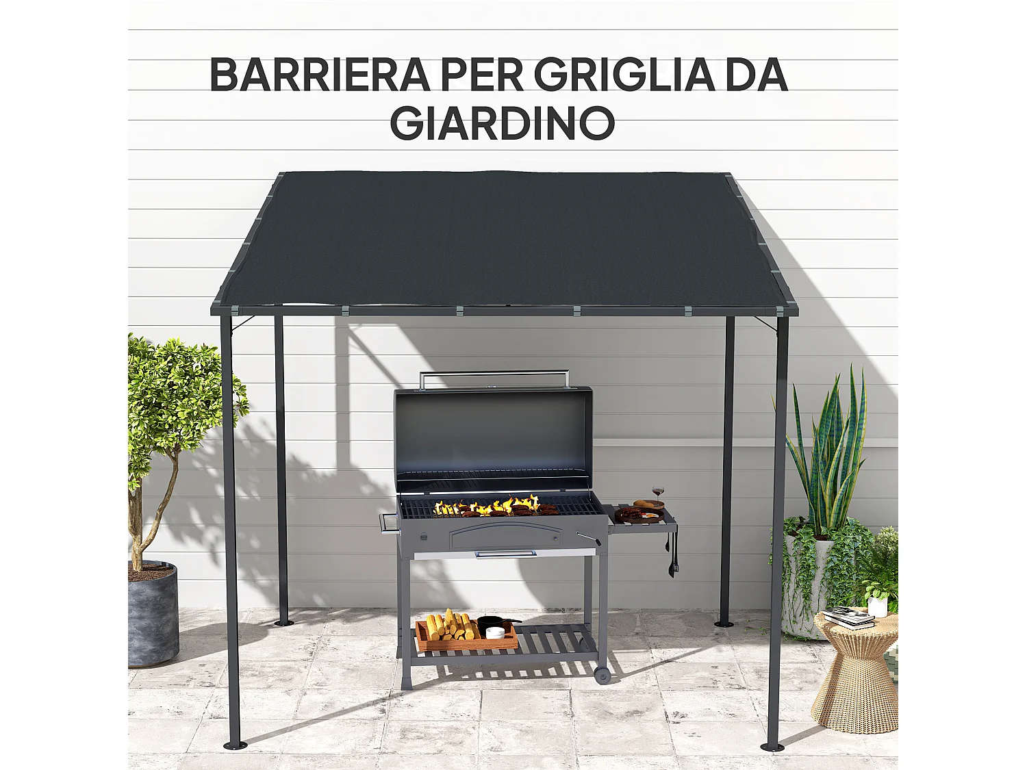 Pergola addossata con chiusure a strappo in metallo poliestere grigia