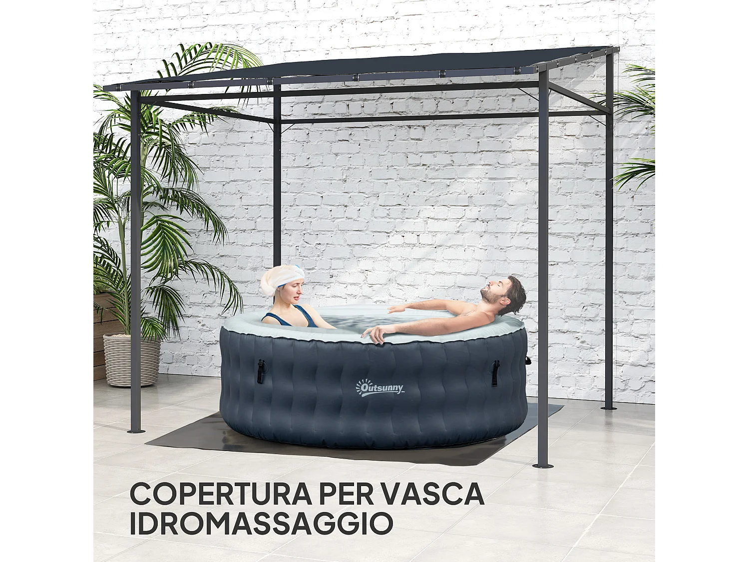 Pergola addossata con chiusure a strappo in metallo poliestere grigia