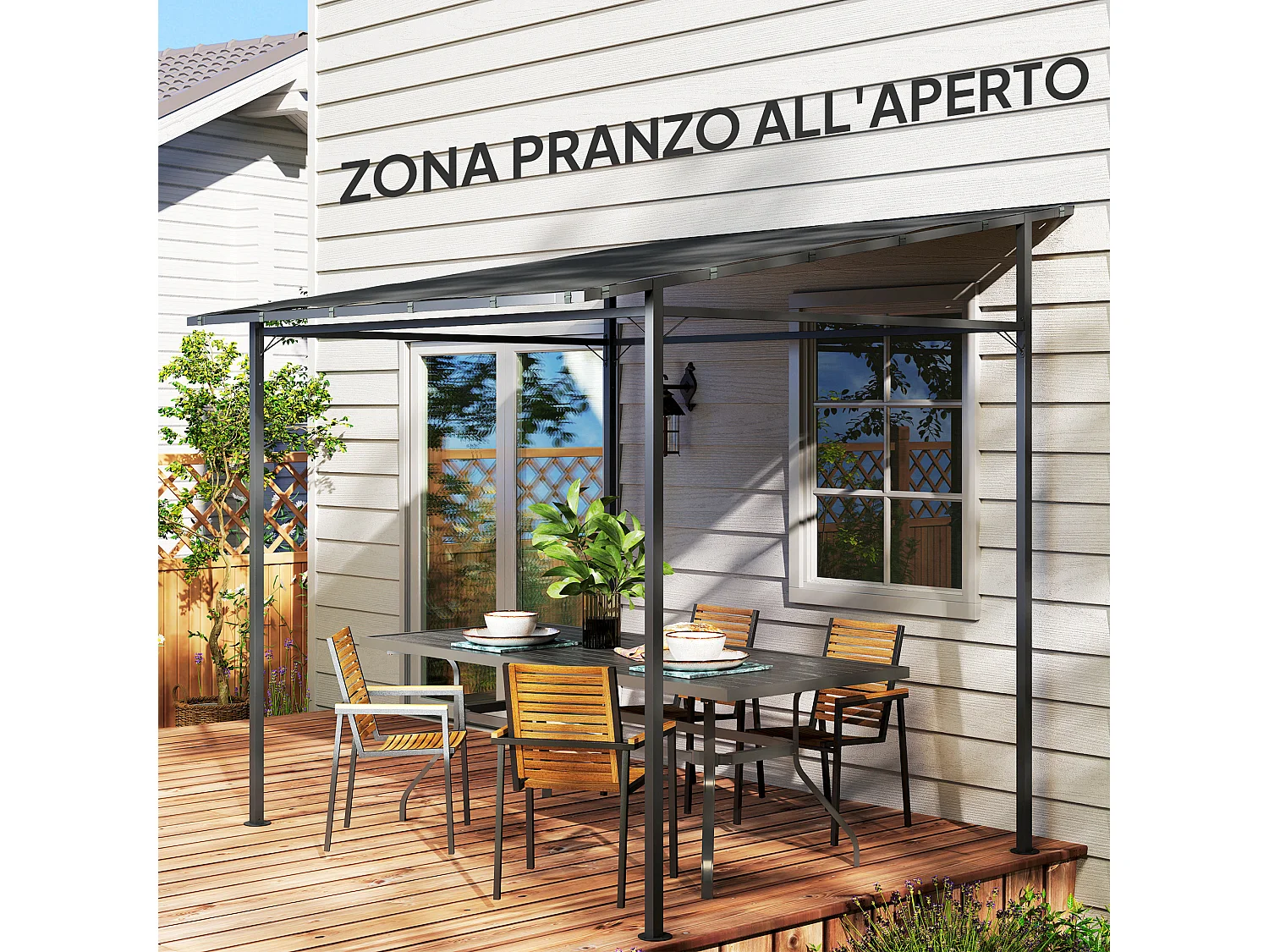 Pergola addossata con chiusure a strappo in metallo poliestere grigia