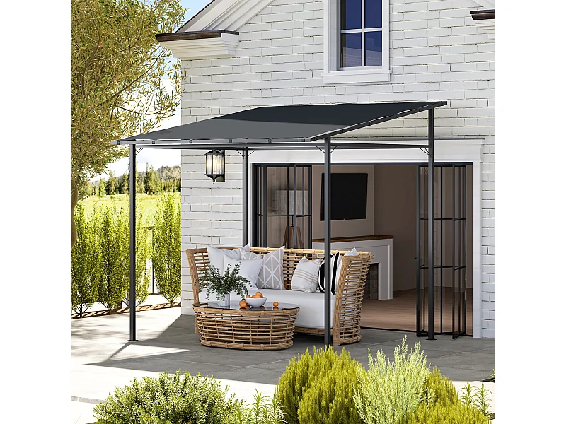 Pergola addossata con chiusure a strappo in metallo poliestere grigia