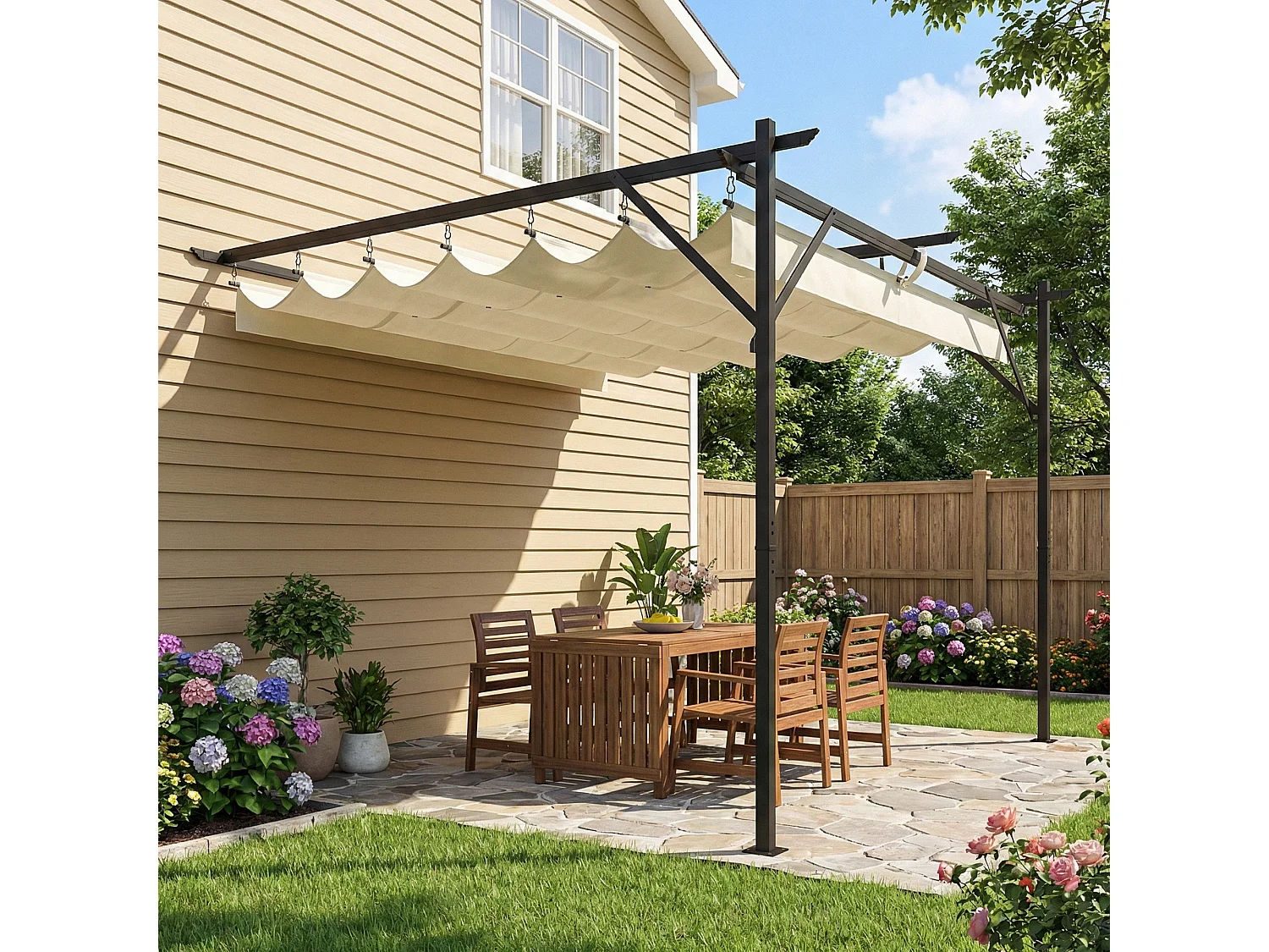 Pergola addossata 3x3 m con tetto retrattile scorrevole bianco crema