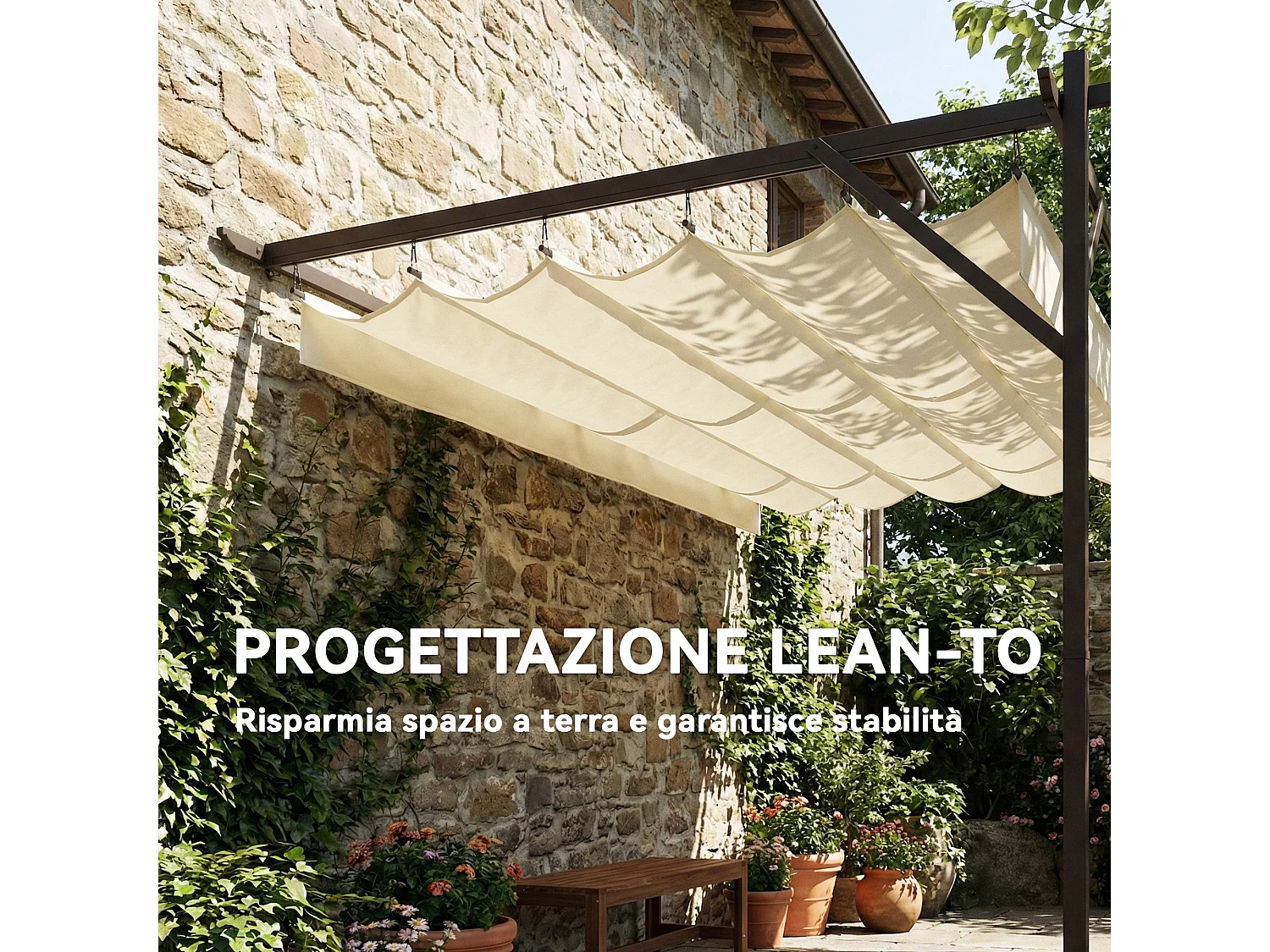 Pergola addossata 3x3 m con tetto retrattile scorrevole bianco crema