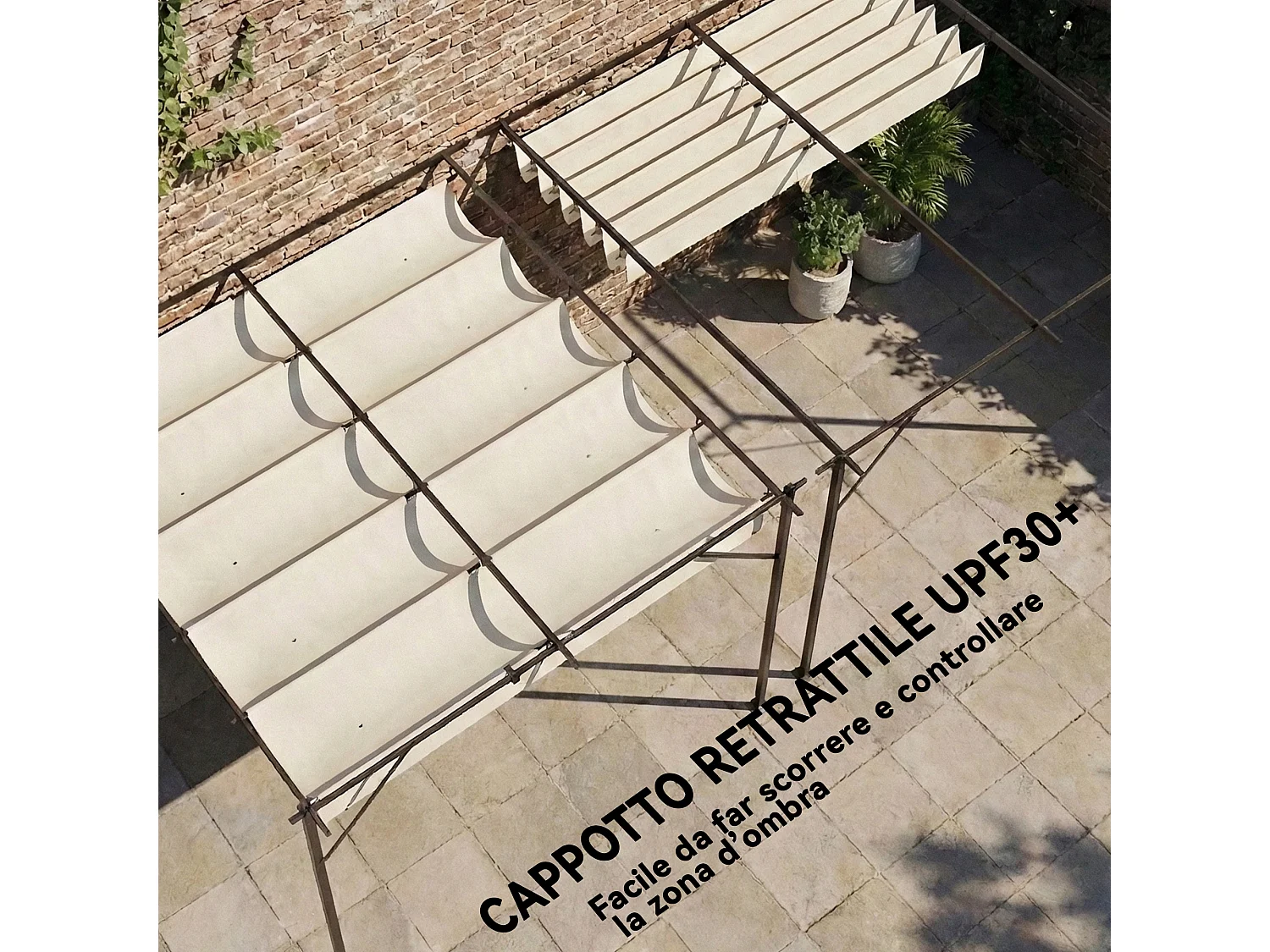 Pergola addossata 3x3 m con tetto retrattile scorrevole bianco crema