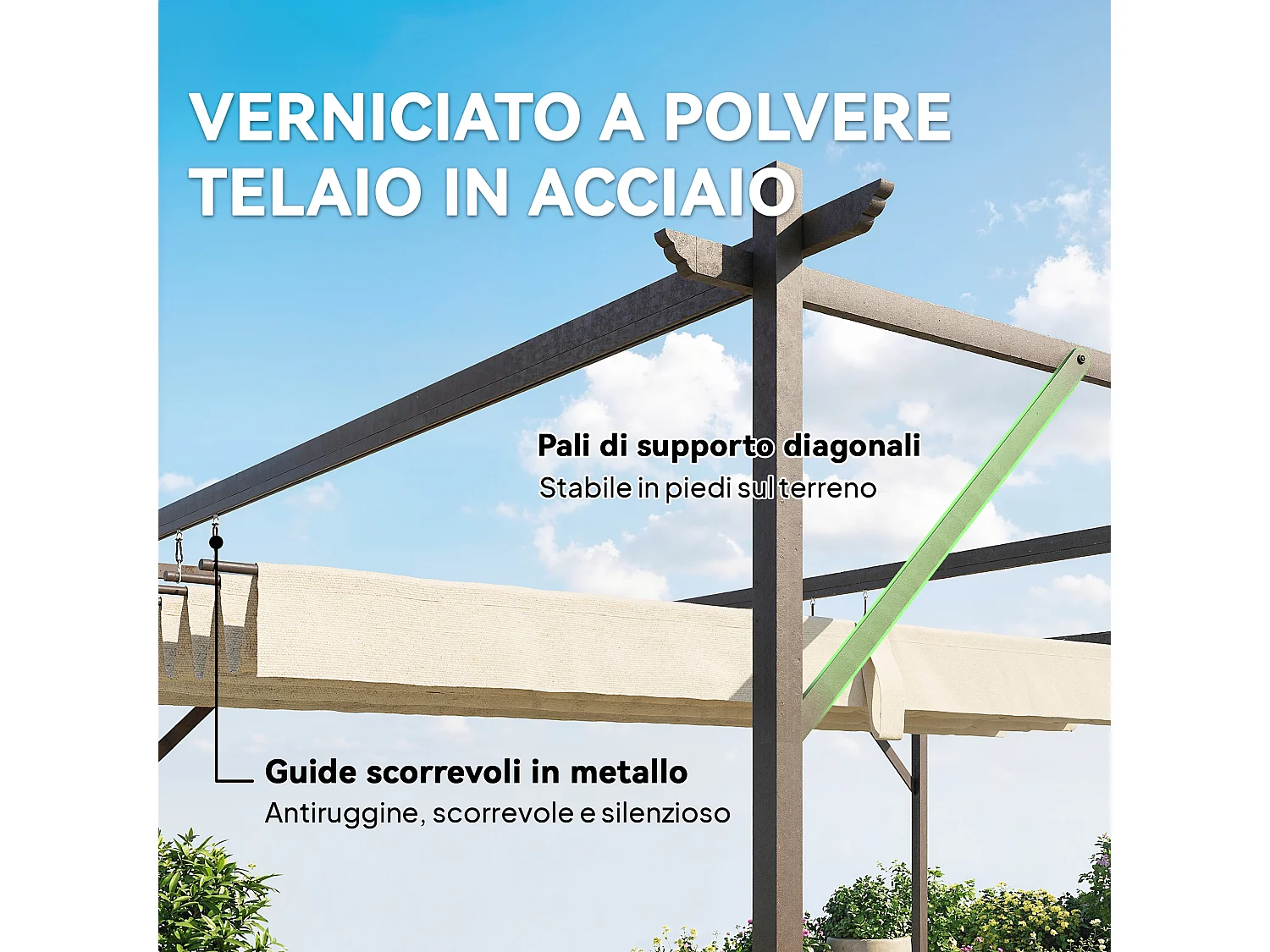 Pergola addossata 3x3 m con tetto retrattile scorrevole bianco crema