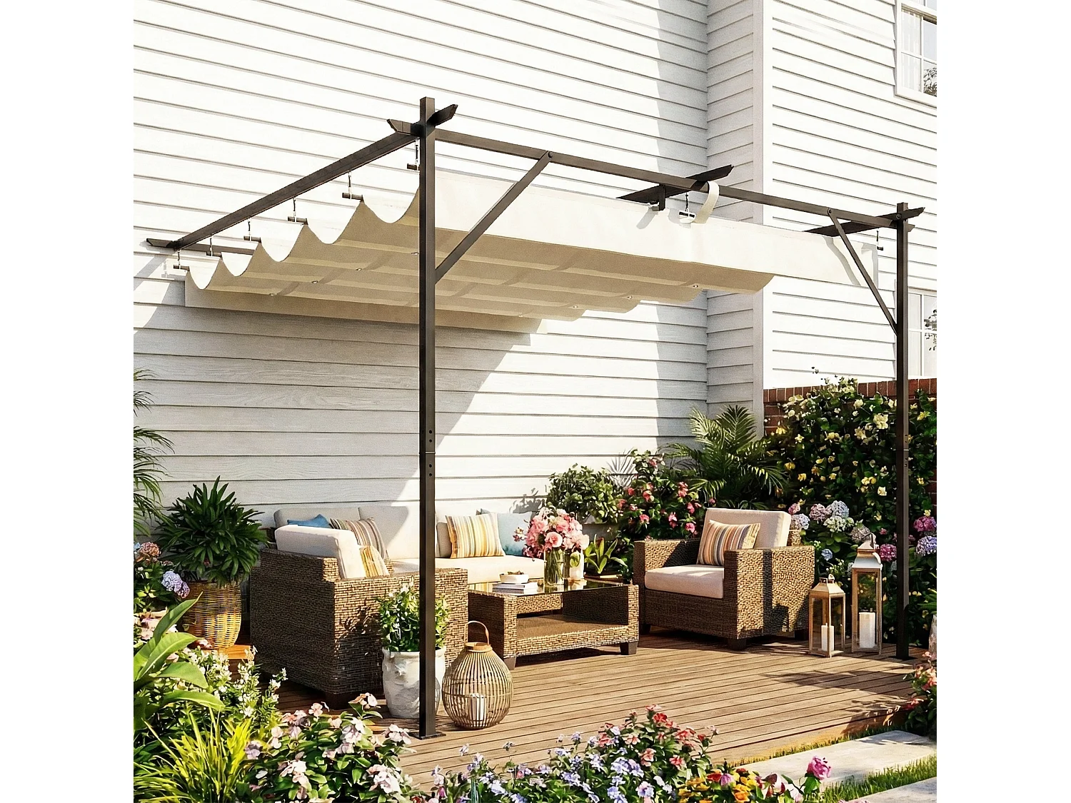 Pergola addossata 3x3 m con tetto retrattile scorrevole bianco crema