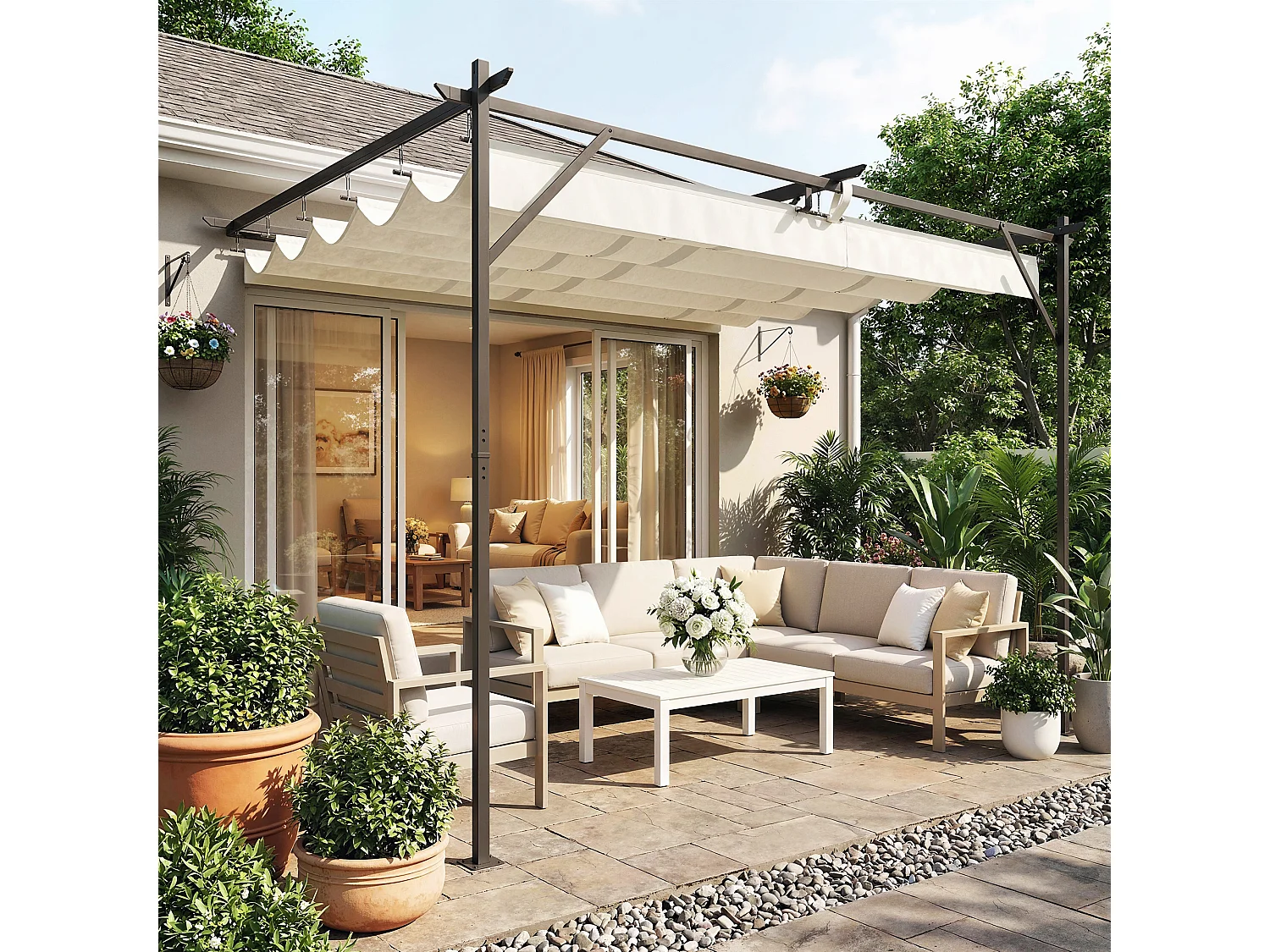 Pergola addossata 3x4 m con tetto retrattile scorrevole bianco crema