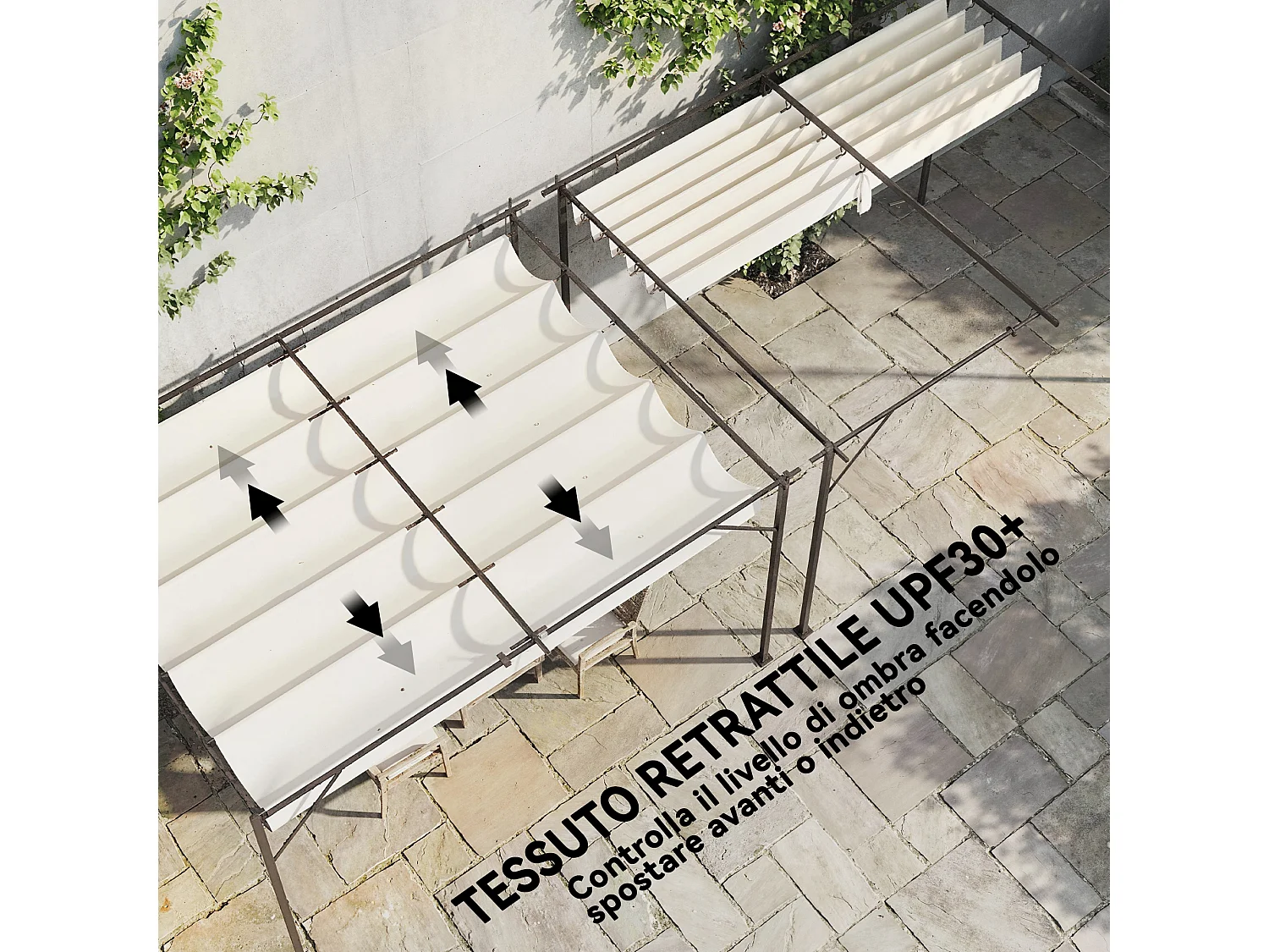 Pergola addossata 3x4 m con tetto retrattile scorrevole bianco crema