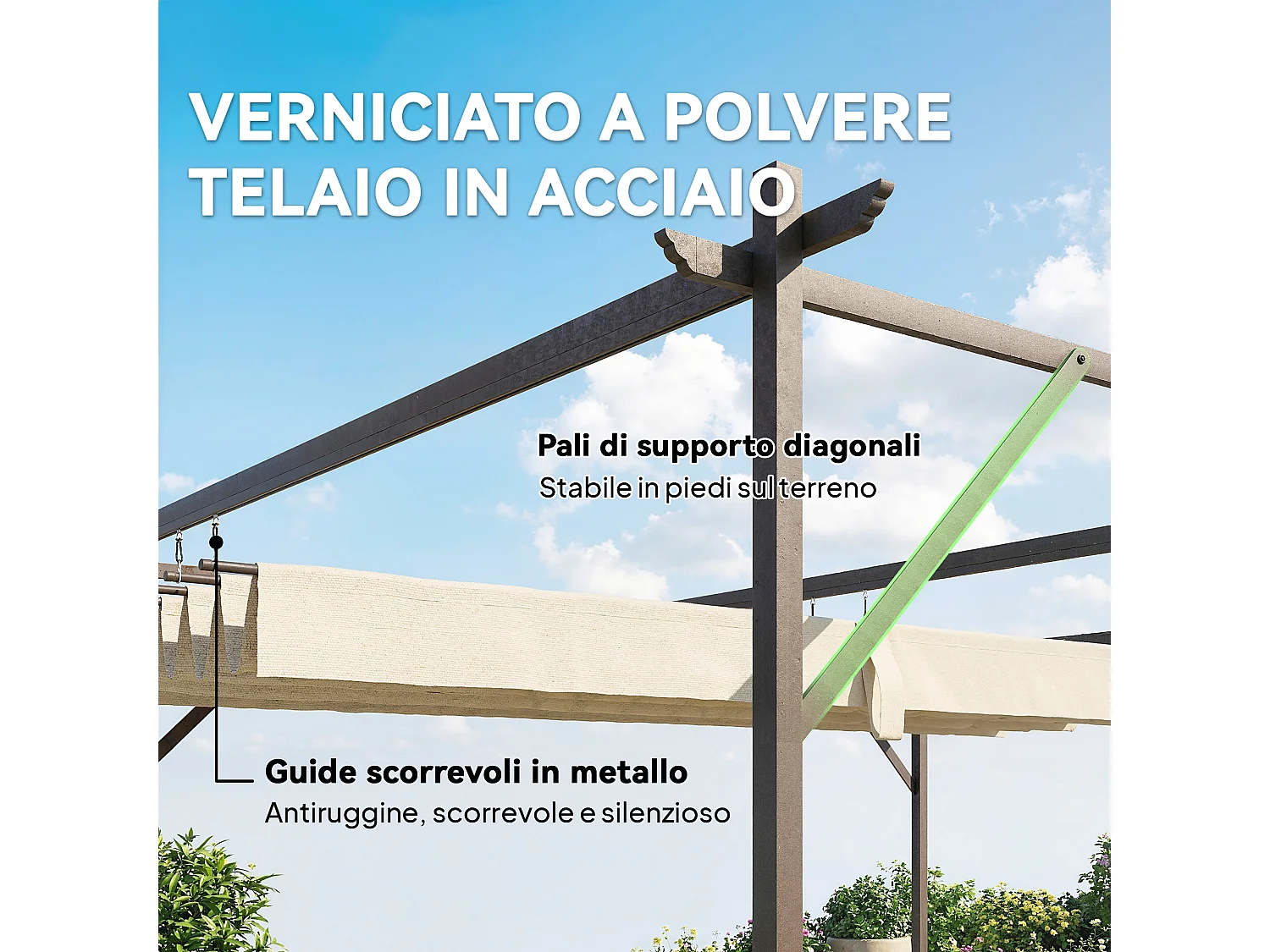 Pergola addossata 3x4 m con tetto retrattile scorrevole bianco crema