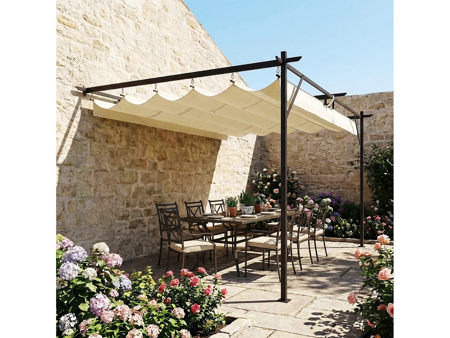 Pergola addossata 3x4 m con tetto retrattile scorrevole bianco crema