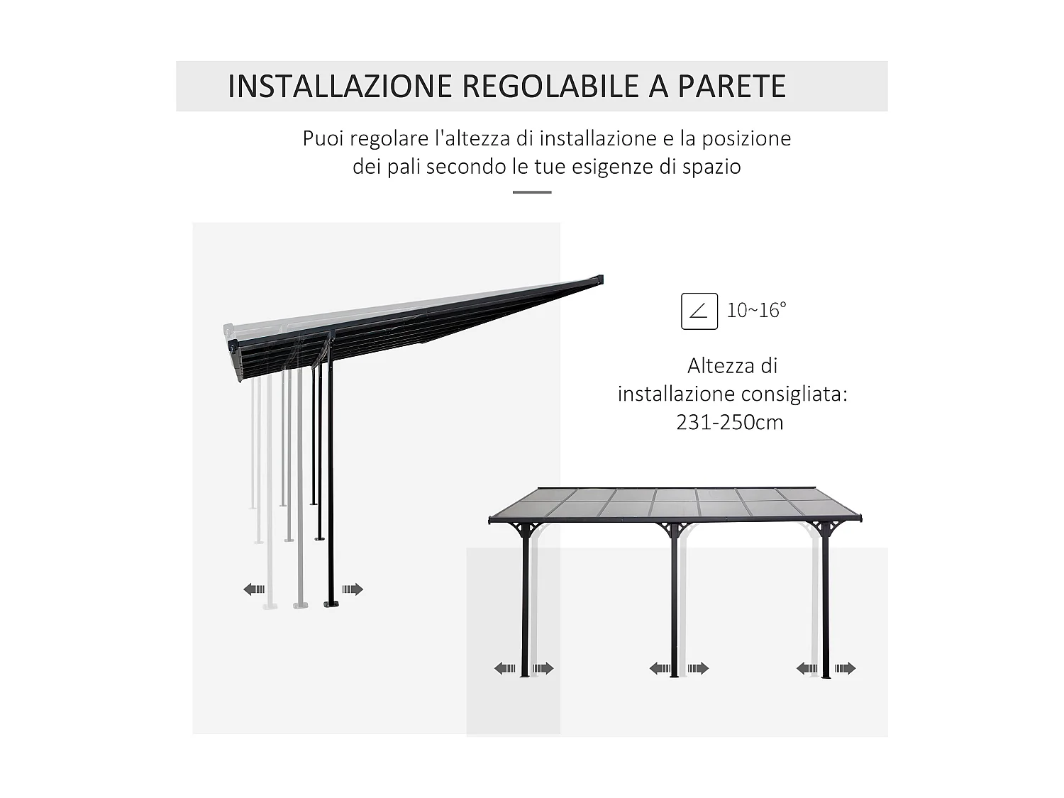 Pergola addossata da giardino in policarbonato 4.4x3m