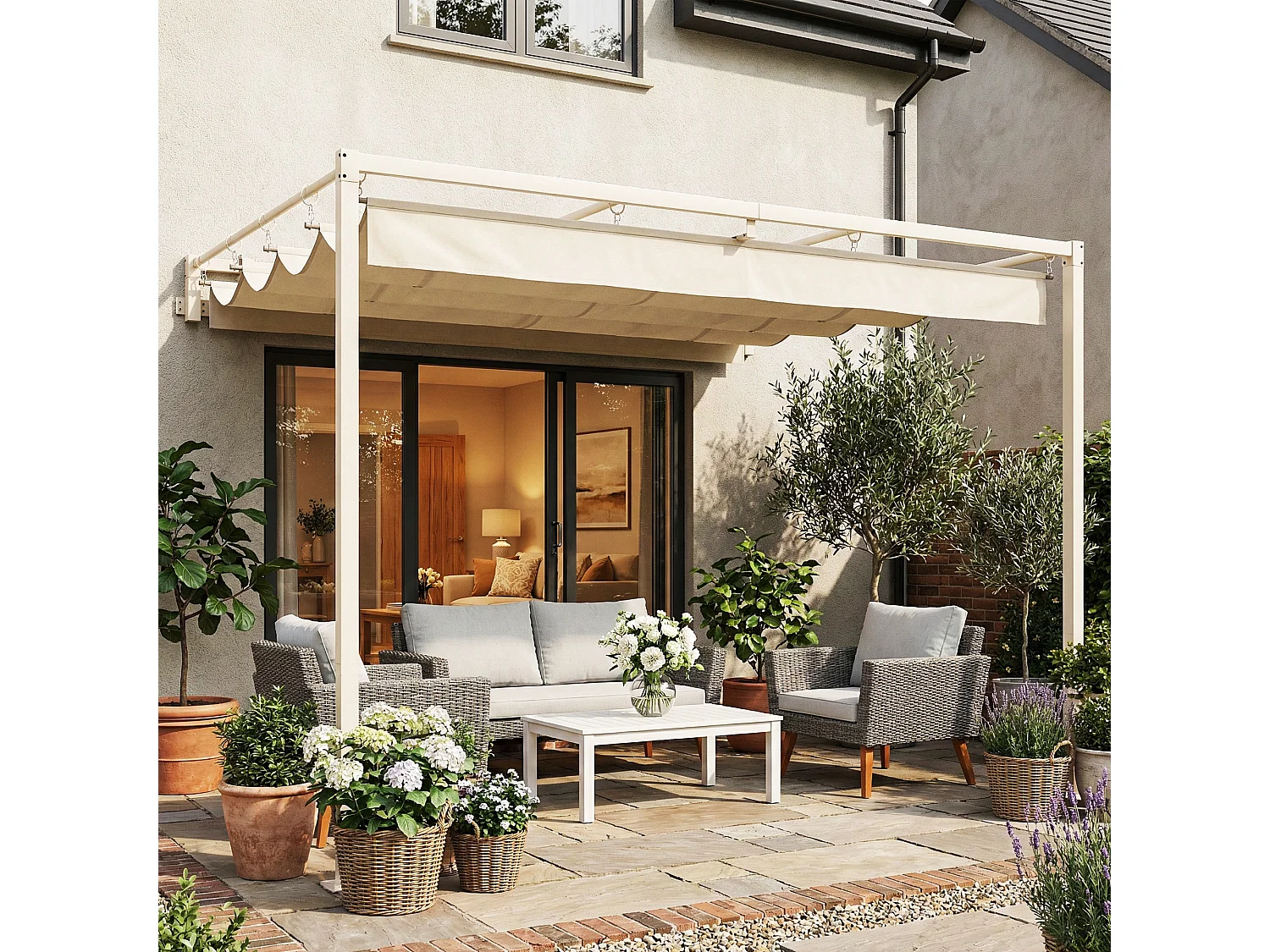 Pergola addossata con tetto scorrevole uv30+ in poliestere beige