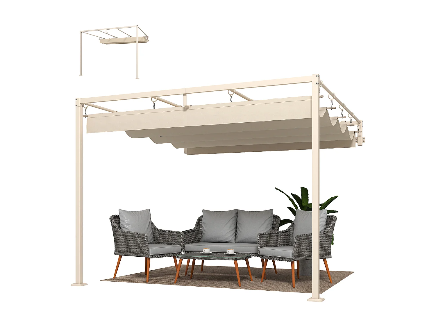 Pergola addossata con tetto scorrevole uv30+ in poliestere beige