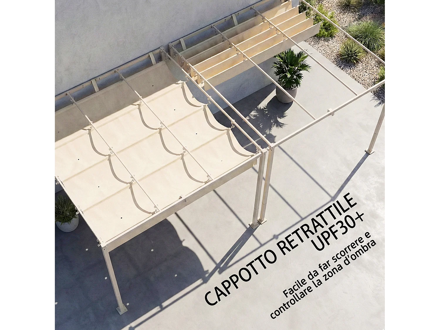 Pergola addossata con tetto scorrevole uv30+ in poliestere beige