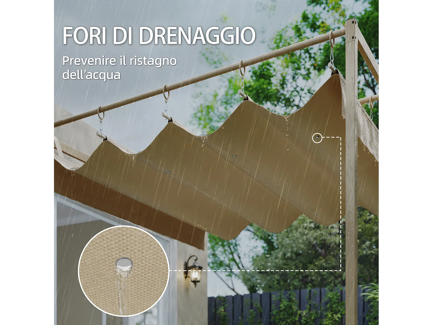 Pergola addossata con tetto scorrevole uv30+ in poliestere beige