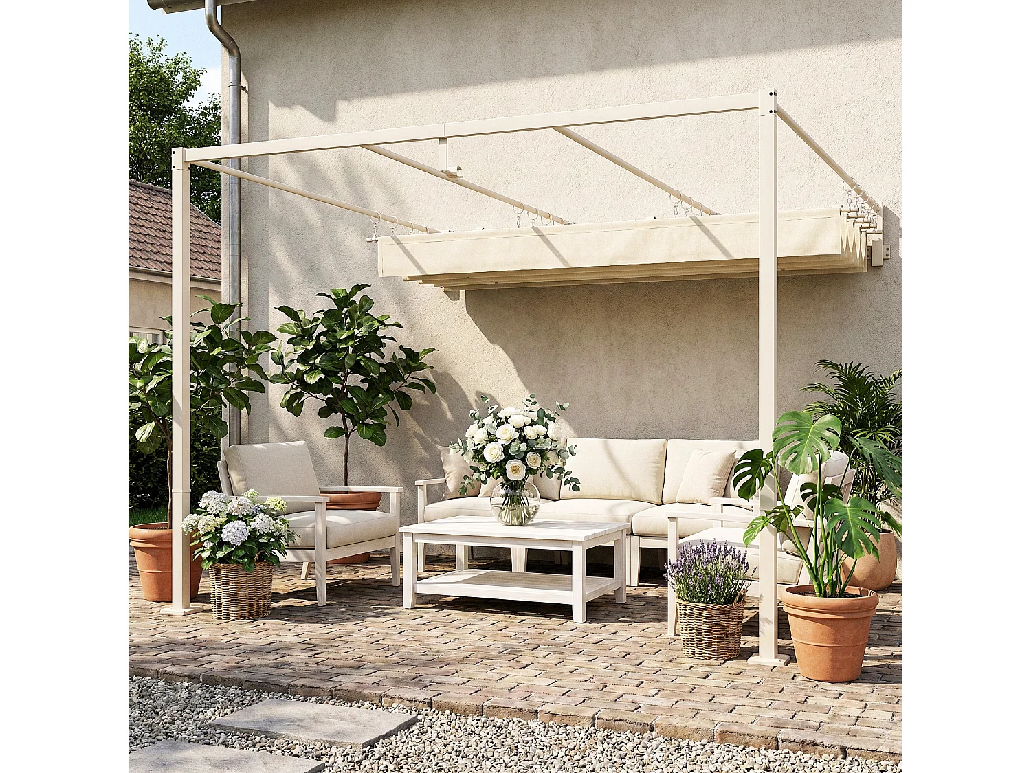 Pergola addossata con tetto scorrevole uv30+ in poliestere beige