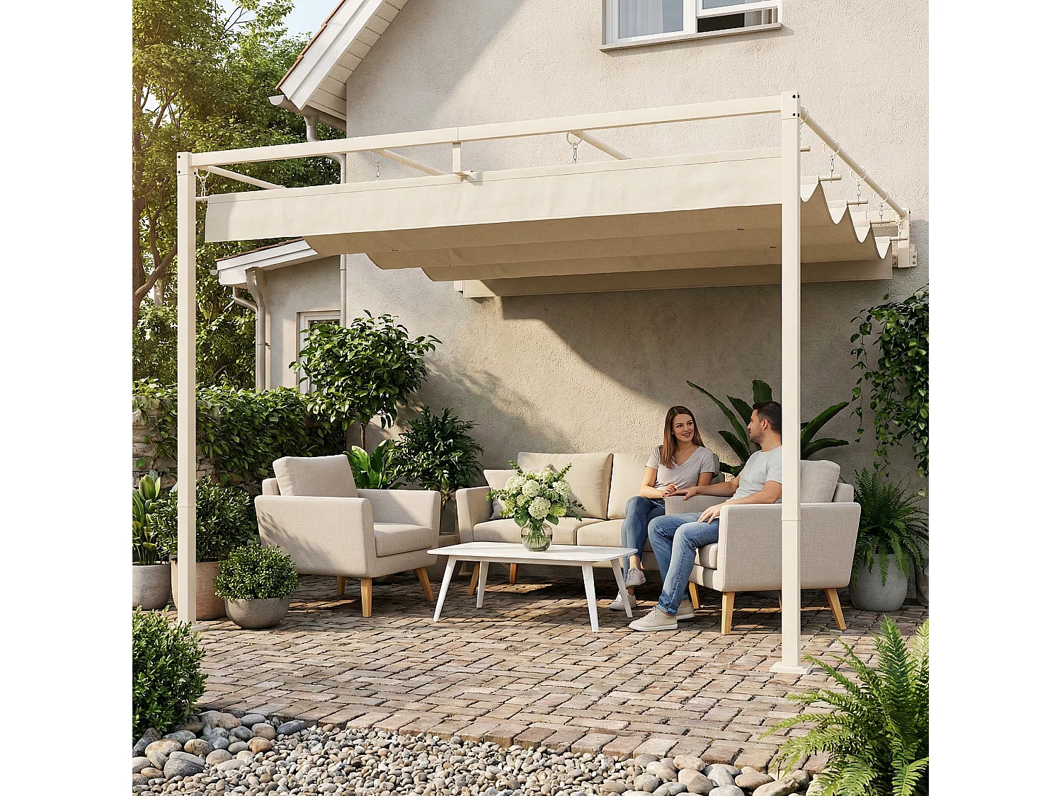 Pergola addossata con tetto scorrevole uv30+ in poliestere beige