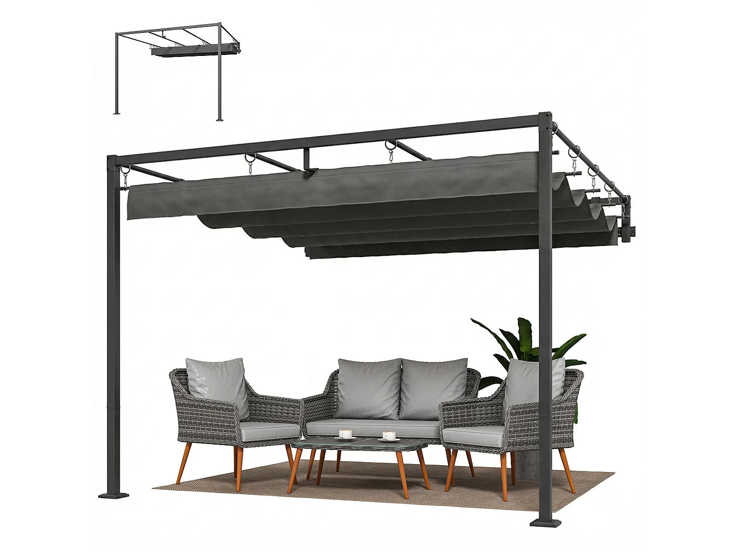 Pergola addossata con tetto scorrevole uv30+ grigio scuro