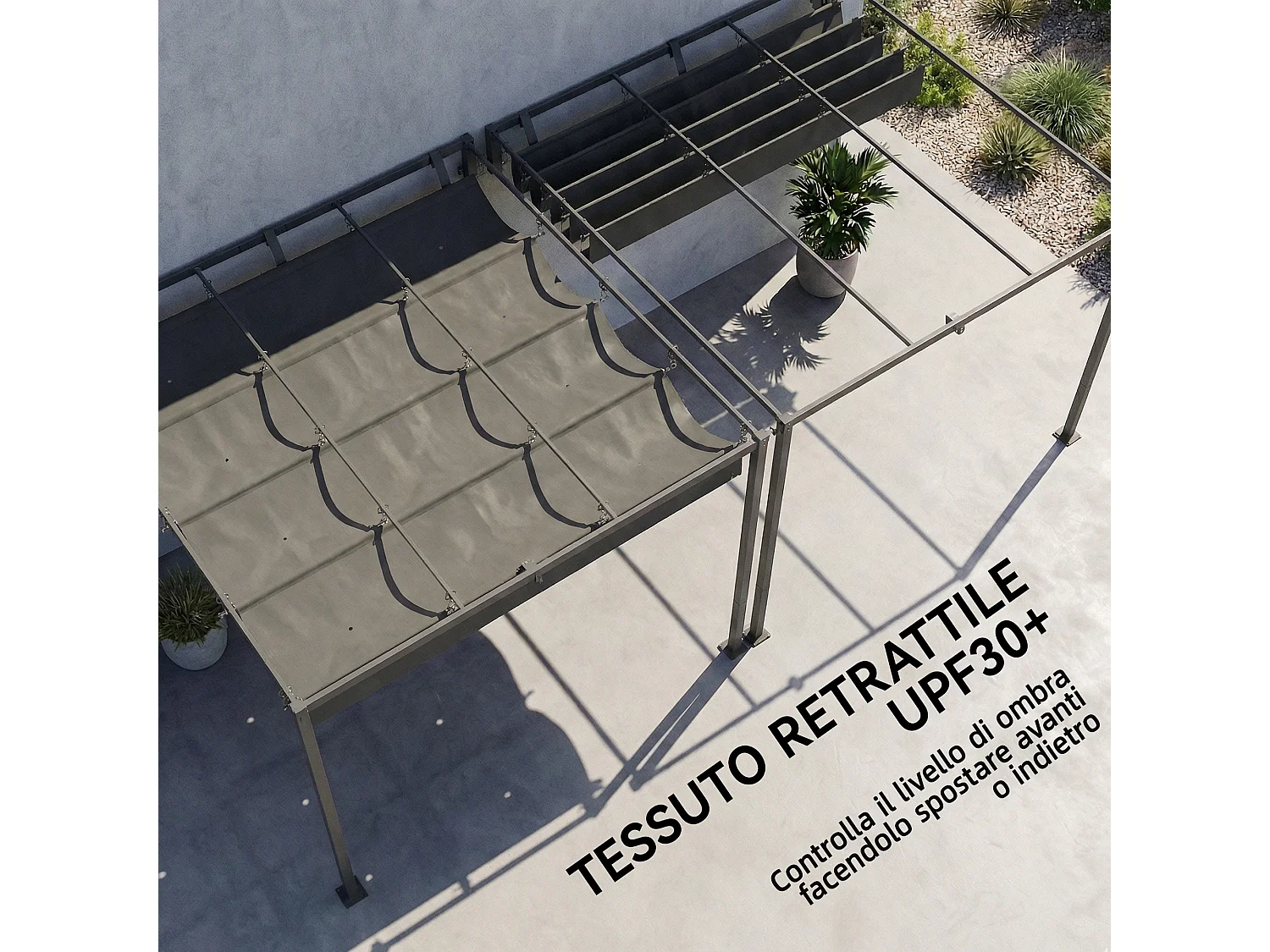Pergola addossata con tetto scorrevole uv30+ grigio scuro