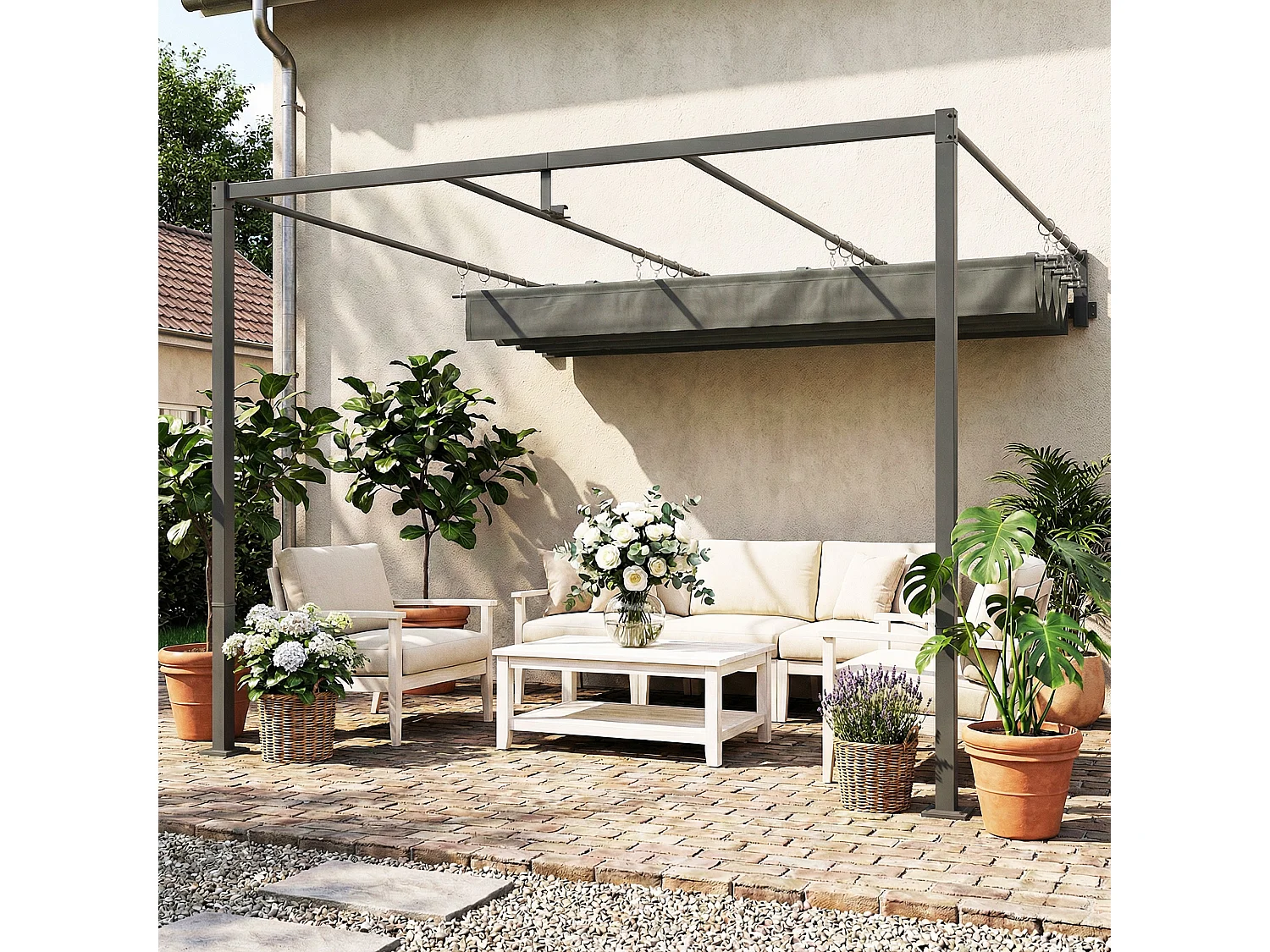Pergola addossata con tetto scorrevole uv30+ grigio scuro