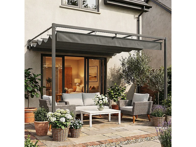 Pergola addossata con tetto scorrevole uv30+ grigio scuro